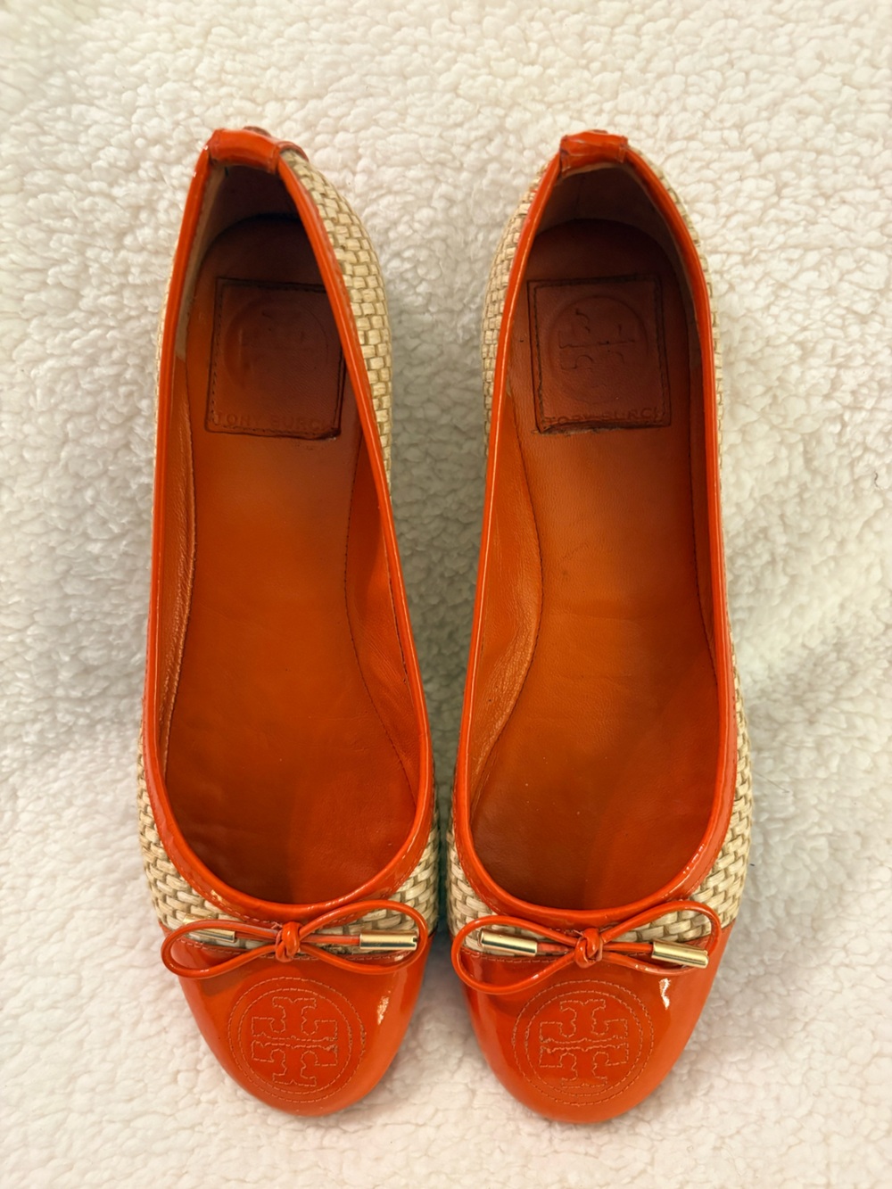 Tory Burch Catherine Ballet Flats Orange Patent Raffia Woven Shoes Size 8